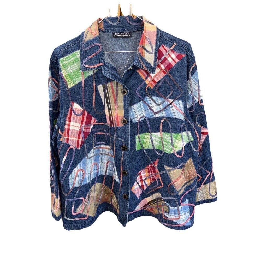 New Directions Jean Jacket Women M Multicolor Denim Button Up Vintage Art